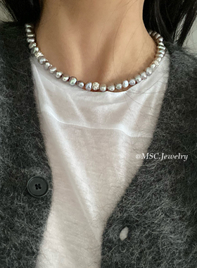 真多麻灰珍珠纯银博主同款项链