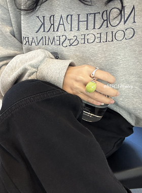 黄铜复古vintage树脂戒指黄绿色