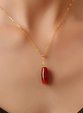 天然川料高端南红牛血红直切桶珠18K金项链女火焰纹新中式毛衣链