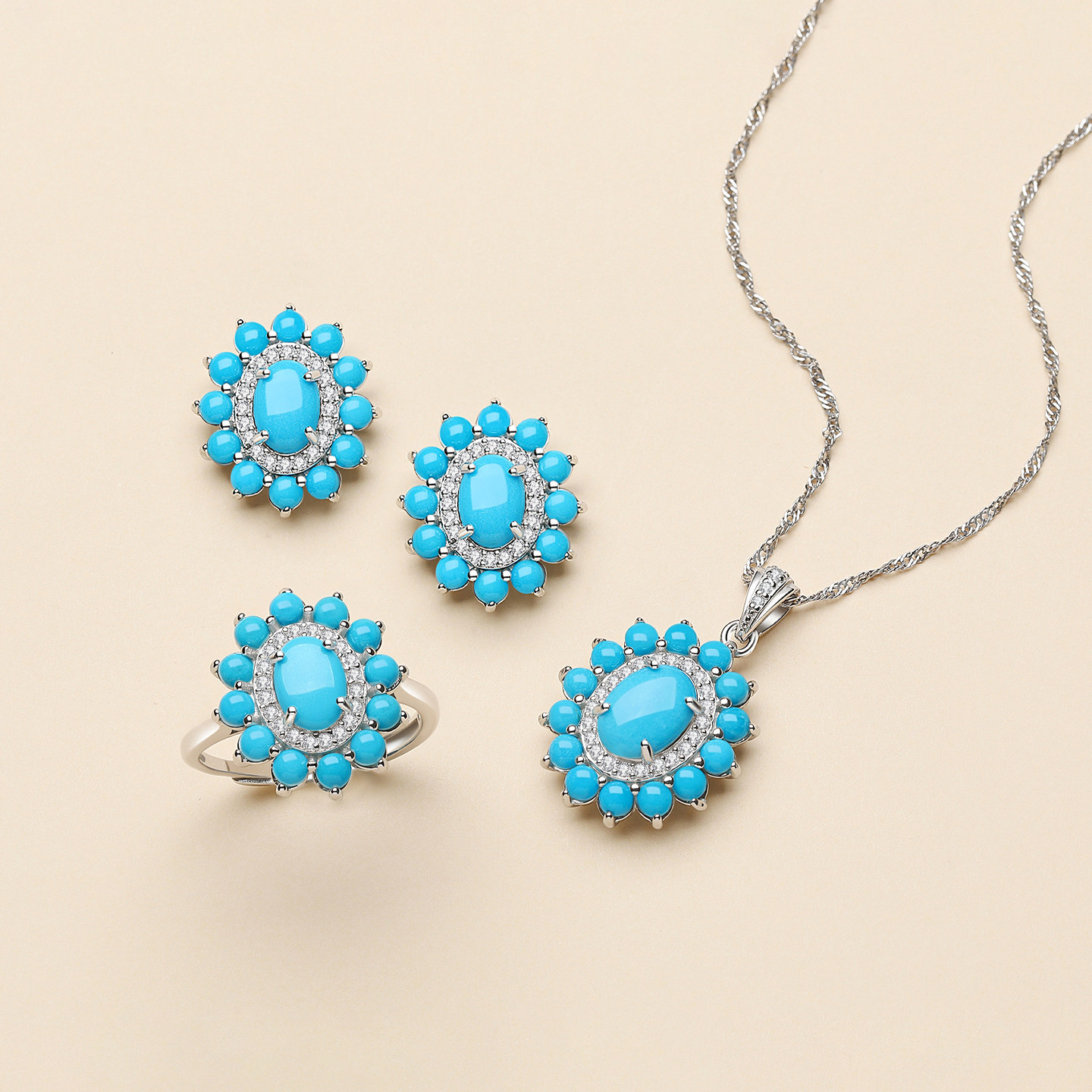 Natural Turquoise Sunflower Sterling Silver Adjustable Women's Ring