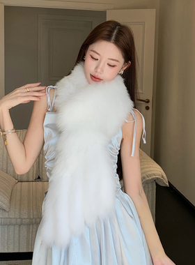 狐狸毛围巾女秋冬白色九尾狐狸披肩网红氛围感加厚双面皮草围巾