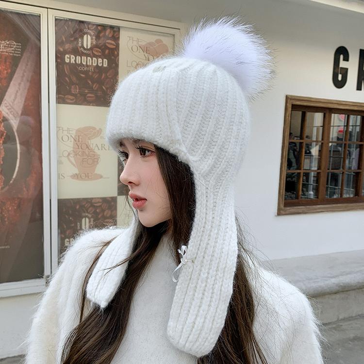 新品兔绒混纺针织飞行帽狐狸毛大球冬季女帽雷锋帽护耳帽粉系 - 图2