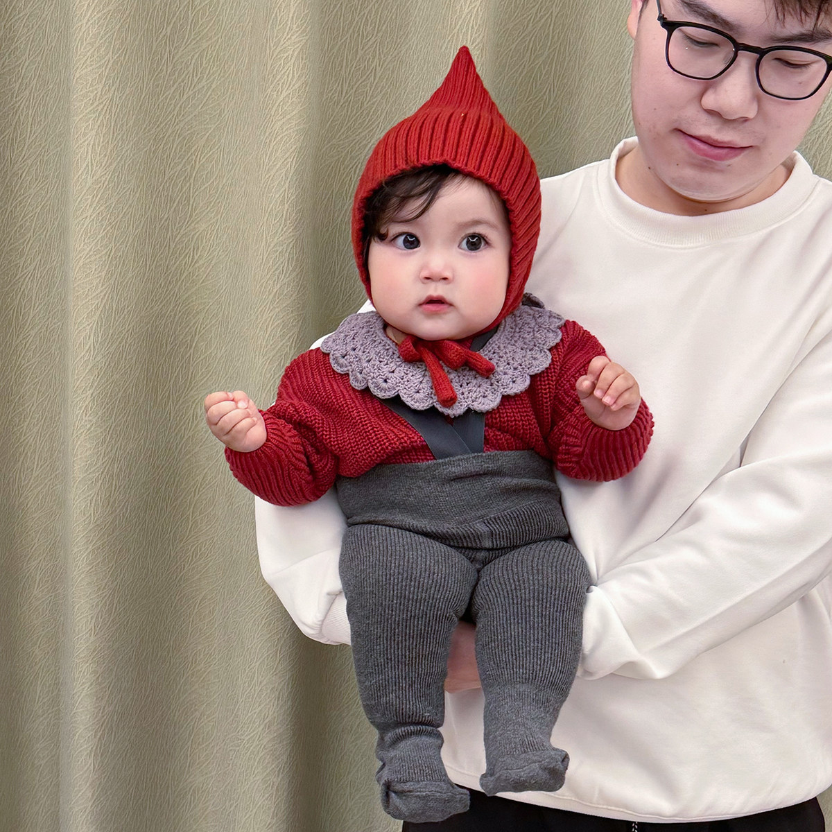 拉果拉婴儿外出冬装宝宝荧绿色毛衣针织衫浅粉加绒举重裤外出套装,淘宝优惠券,粉丝福利购,淘宝优惠卷