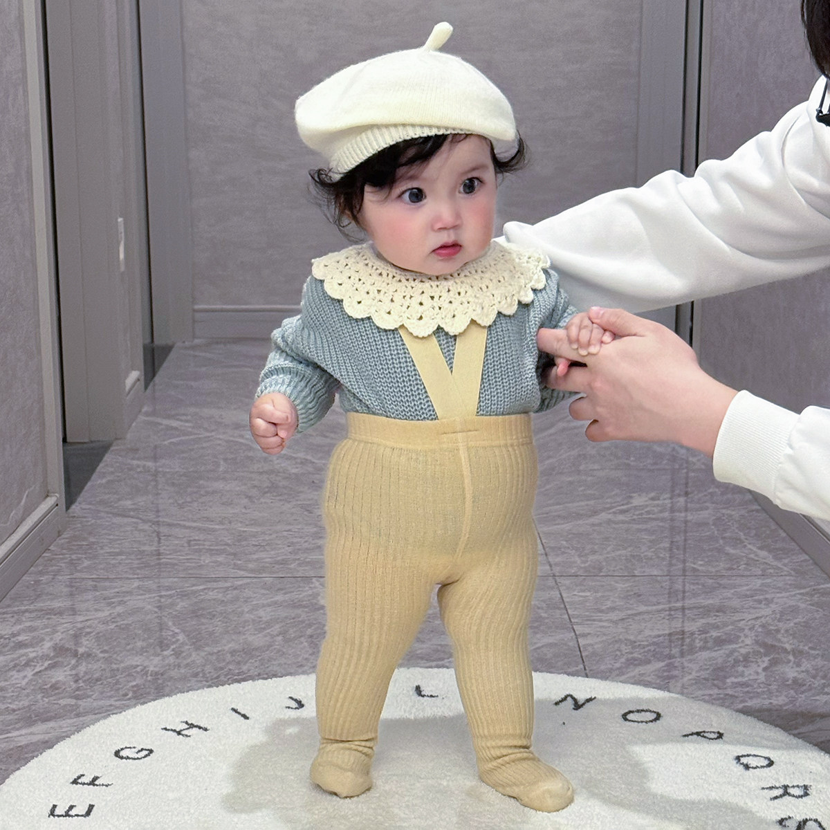 拉果拉婴儿外出冬装宝宝荧绿色毛衣针织衫浅粉加绒举重裤外出套装,淘宝优惠券,粉丝福利购,淘宝优惠卷