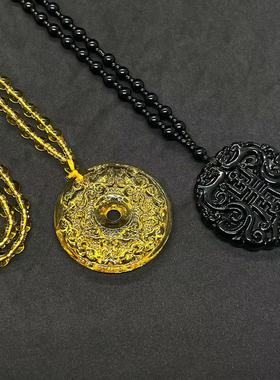 新中式平安扣吊坠仿碧玉琉璃复古双面四方来财项链貔貅古风挂件