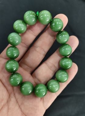 和田碧玉手串阳绿满色14毫米碧玉手串无裂无黑质地干净细腻