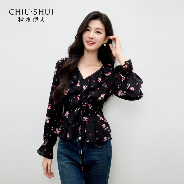 ເສື້ອຢືດ chiffon ຄໍ V-neck lotus water ດູໃບໄມ້ລົ່ນ Rose print