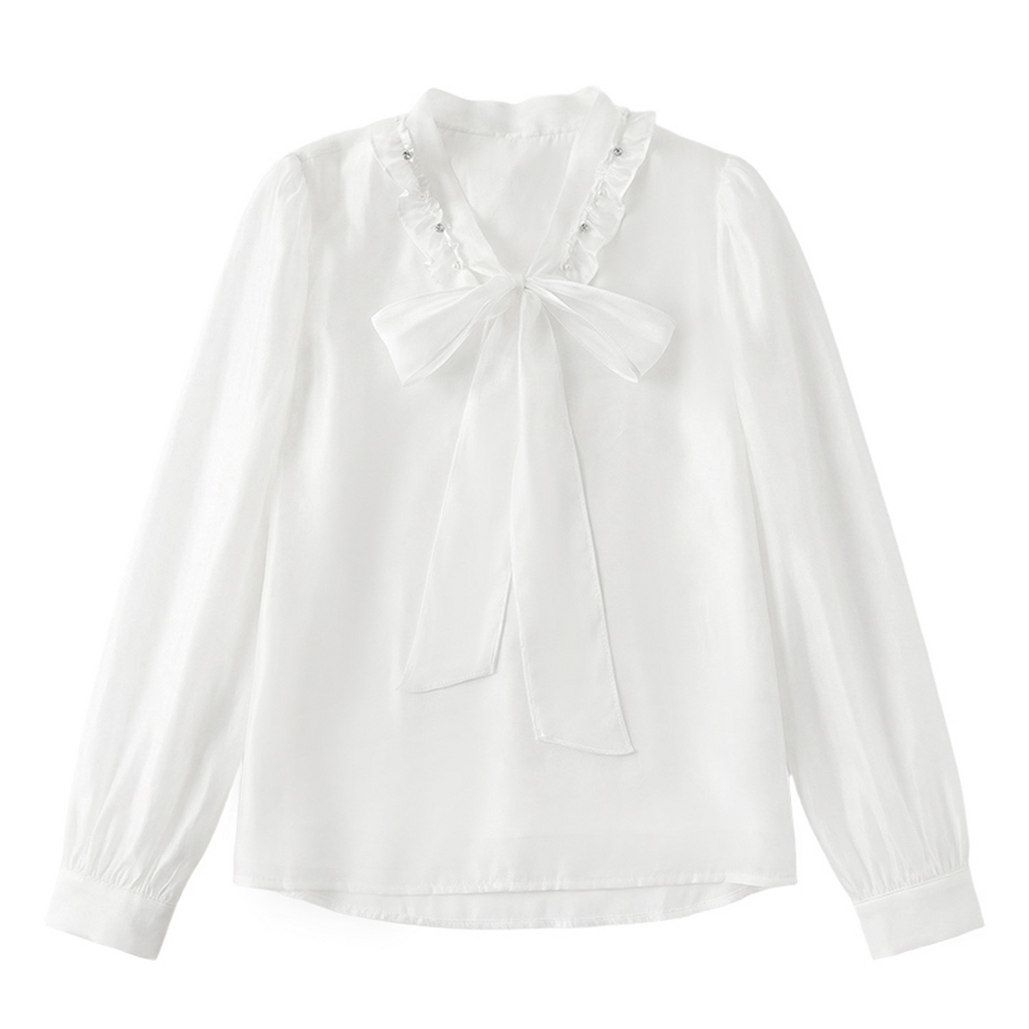 秋水伊人粉色雪纺衫女2026年春季新款领口木耳边优雅飘带衬衫上衣,淘宝优惠券,粉丝福利购,淘宝优惠卷