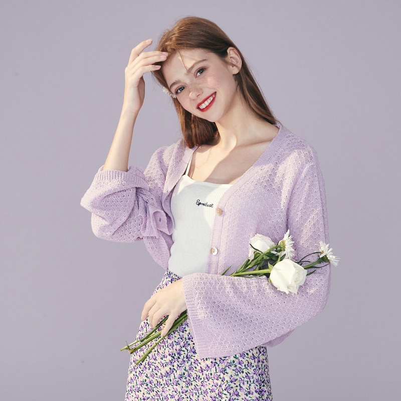 秋水伊人紫色针织夏季外套空调衫 秋水伊人毛针织衫