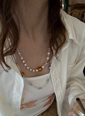 进口金箔琉璃天然淡水珍珠项链