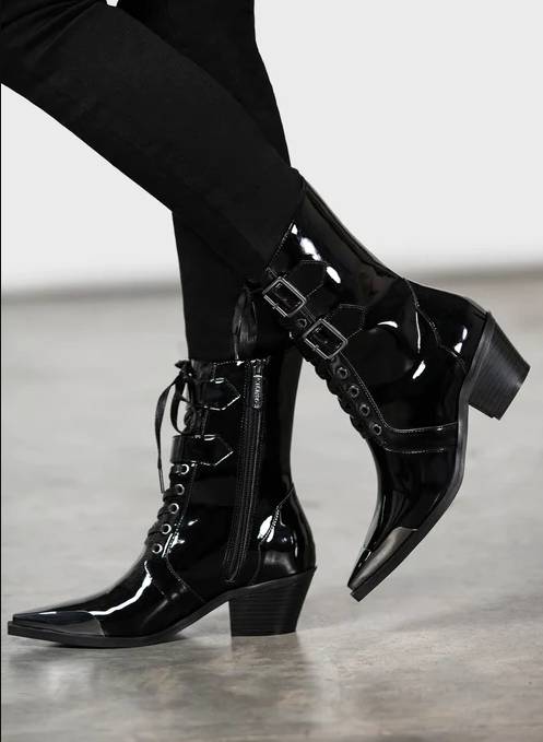 KILLSTAR暗黑哥特DARK SIN亚文化黑夜原罪亮皮复古摇滚中跟黑短靴 - 图3