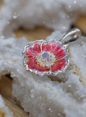 身境饰物||忘忧河原创设计 罂粟花吊坠新 高温珐琅 镶嵌蓝月光石