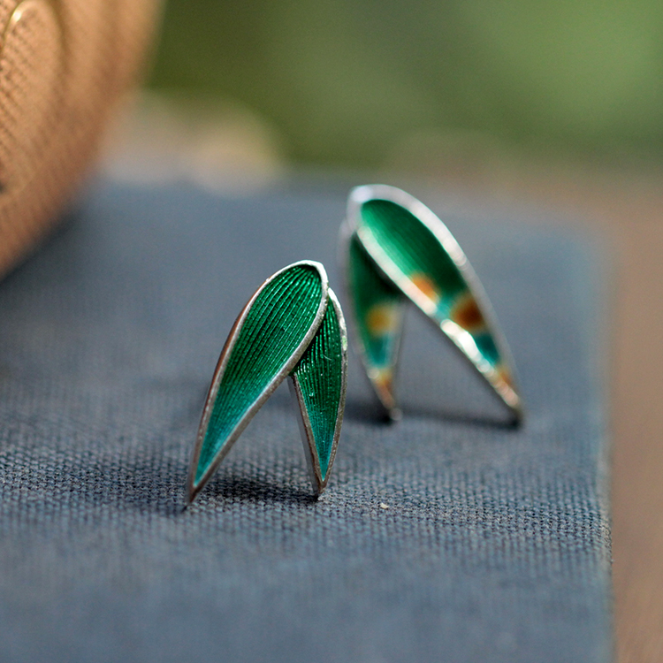 身境饰物‖枯荣‖竹叶耳钉 足银 高温珐琅 国风 不对称耳饰 - 图0