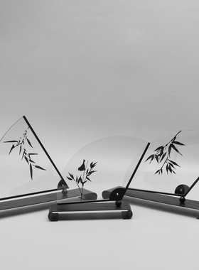 新中式禅意扇竹叶印花亚克力摆件