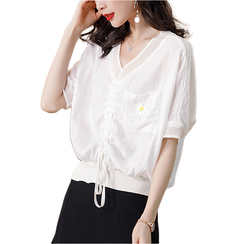 大码雪纺衫胖mm遮肚韩版抽绳小衫衣 璨盛蕾丝衫/雪纺衫