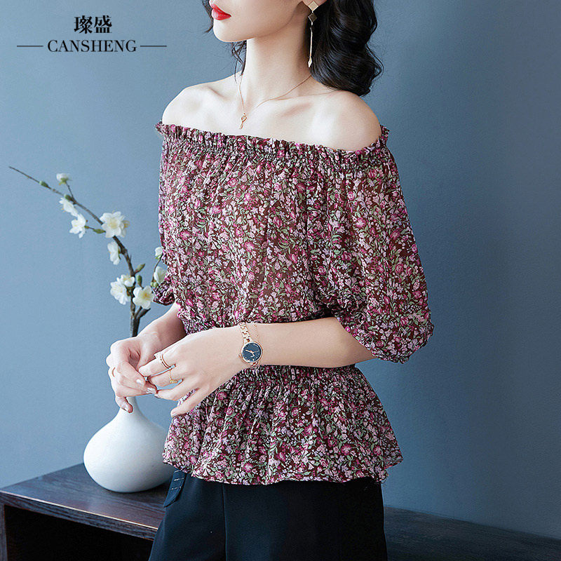 女土衫衣一字肩印花温柔风夏雪纺衫 璨盛蕾丝衫/雪纺衫