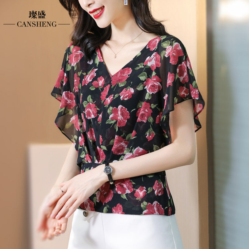 配裙子的雪纺减龄短袖遮肉搭小衫 璨盛蕾丝衫/雪纺衫