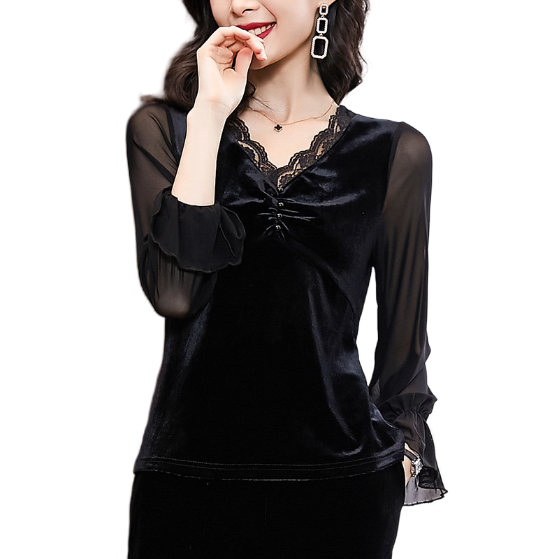 丝绒复古法式胸前镂空蕾丝女小衫 璨盛蕾丝衫/雪纺衫