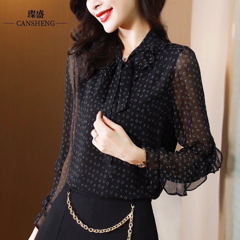 漂亮的女内搭打底印花飘带早秋衬衫 璨盛衬衫