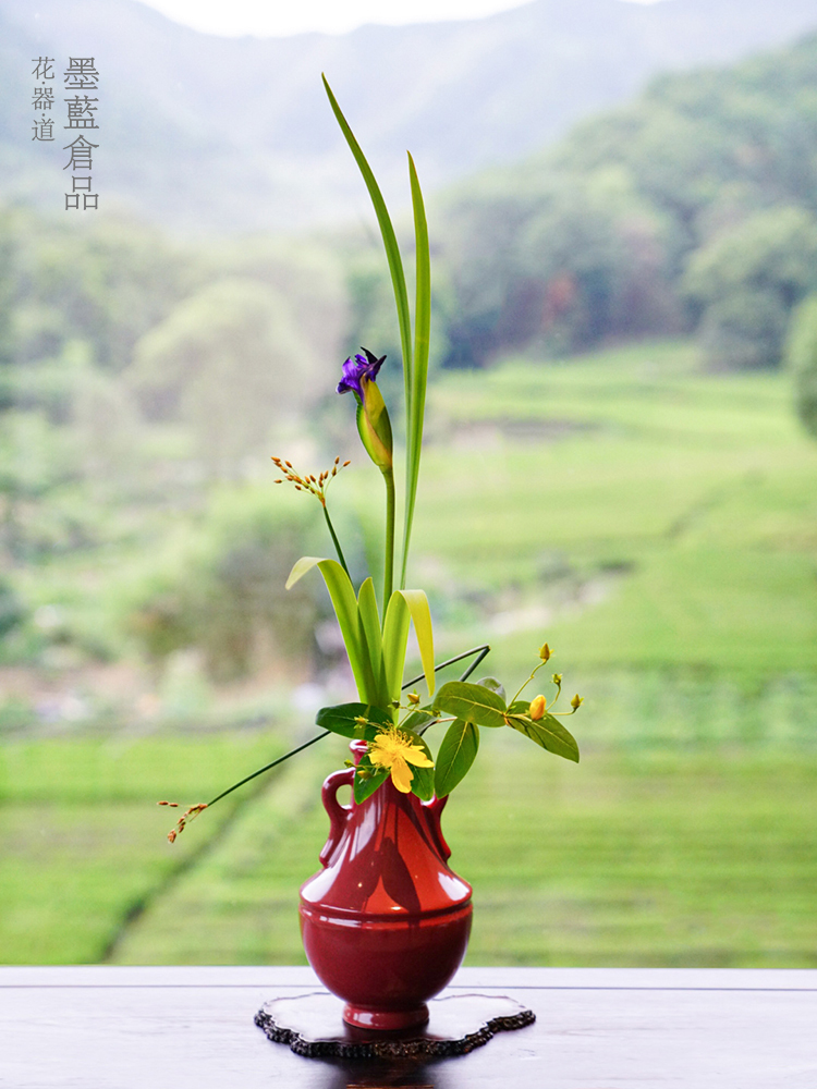 墨蓝花器道红色陶瓷禅意花瓶中式插花器皿客厅桌面摆件日式插花 - 图1