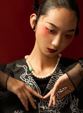 现货天然淡水珍珠项链女款S925银镀18K金翡翠锁骨链11mm源头工厂