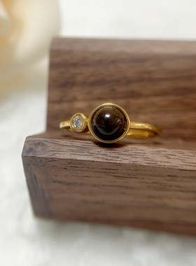 棕色虎眼石开口戒指女 时光琥珀小众设计感中指戒气质时尚指环