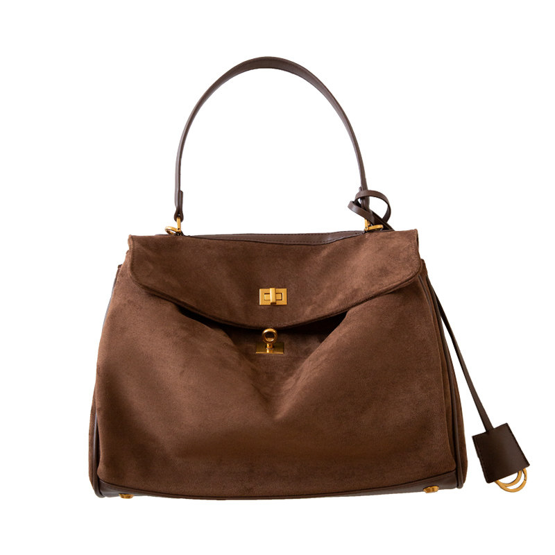 肉肉陈Whiterm秋冬复古高级感绒面拼接单肩锁扣凯莉包手提斜跨包,淘宝优惠券,粉丝福利购,淘宝优惠卷