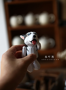 匠人手作手工雕刻木雕哈士奇zakka小动物摆件木质小玩意木制工艺
