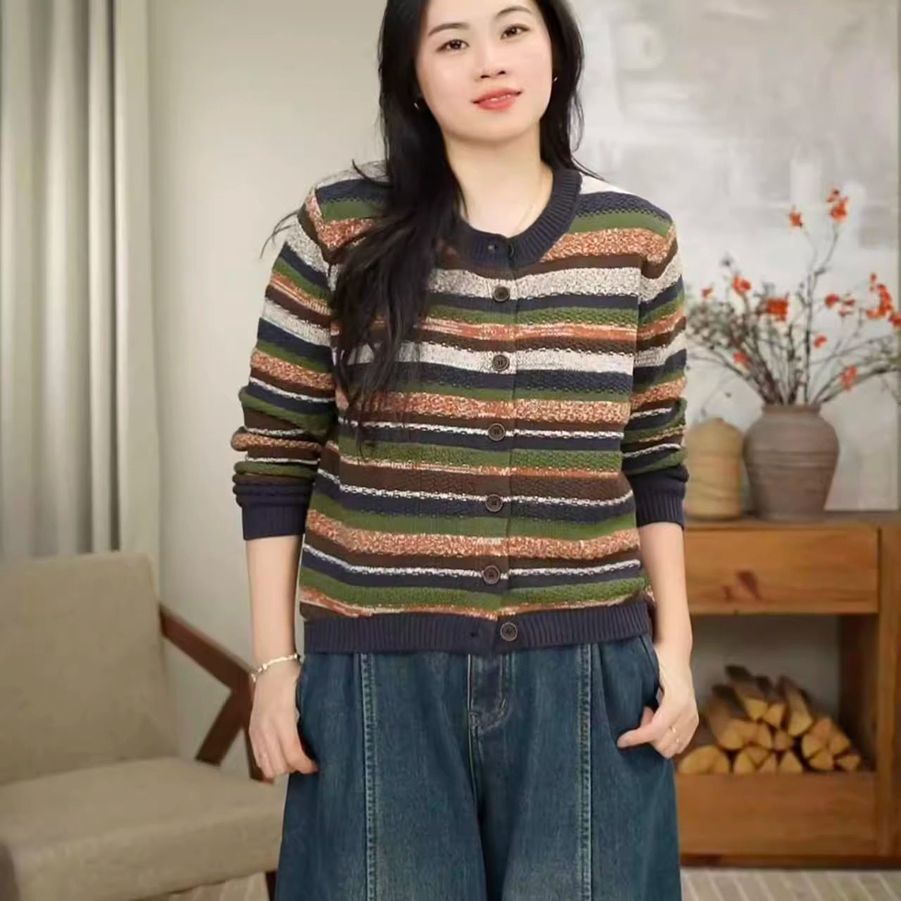 秋冬厚款针织彩条撞色复古宽松时尚条纹开衫女 2785,淘宝优惠券,粉丝福利购,淘宝优惠卷