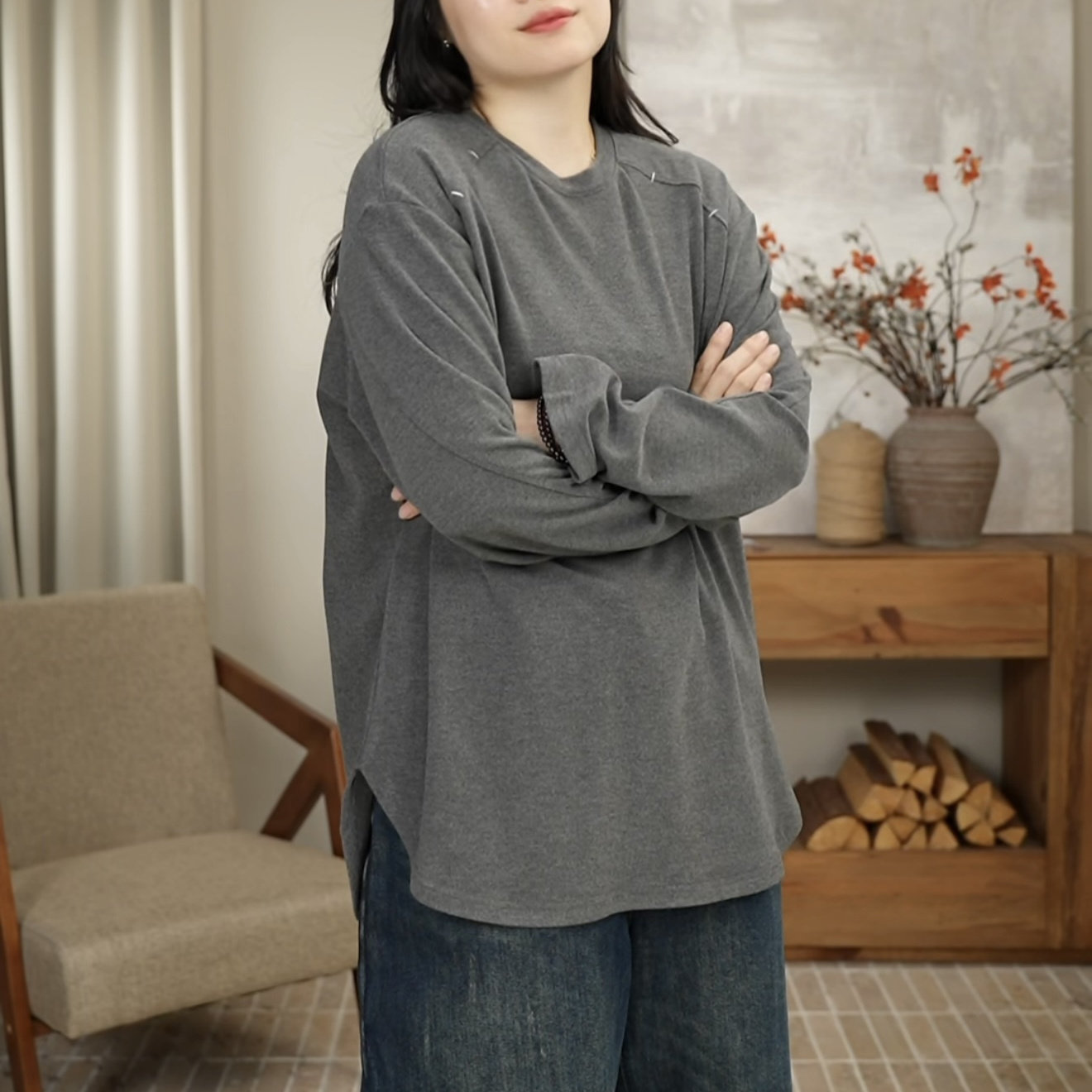 圆领秋冬德绒圆领下摆开叉宽松大版中长T恤内搭女 9103,淘宝优惠券,粉丝福利购,淘宝优惠卷