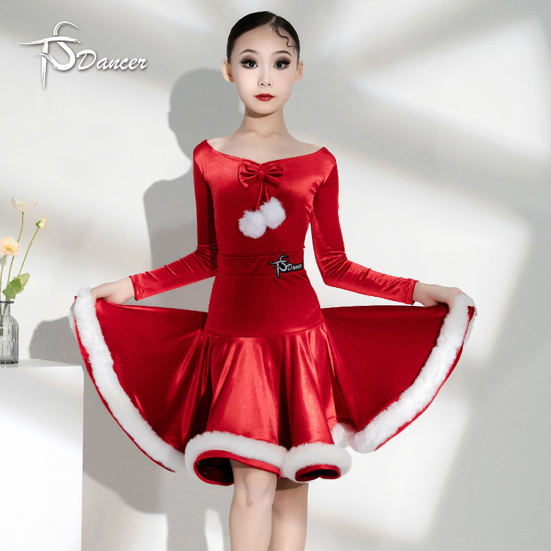新春节服装儿童女孩秋冬表演服拉丁舞比赛服女红色元旦儿童演出服