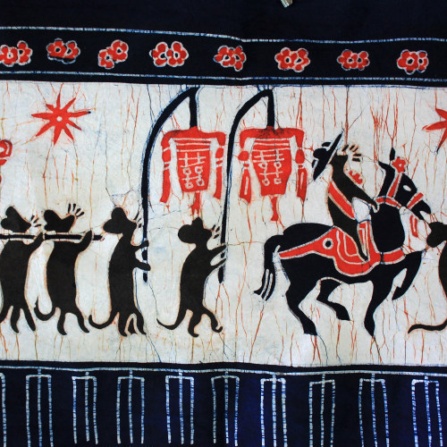 民俗蜡染画老鼠嫁女餐厅客厅背景装饰画布艺挂画特色手工艺品壁画 - 图1