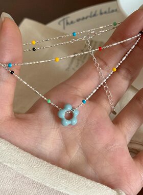 【彩虹小花】多巴胺蓝色滴釉花朵项链小众设计夏日锁骨链甜美配饰