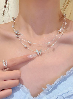 清透白月光 夏日双层珍珠蝴蝶项链女甜美小众海边度假风颈链配饰