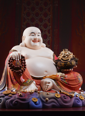 戴玉堂 陶瓷摆件《20英寸进宝弥勒红韵彩》佛像供奉家用家居饰品