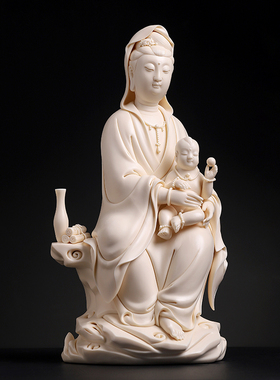 戴玉堂林建平陶瓷摆件《送子观音猛犸牙黄》佛像供奉家用菩萨像