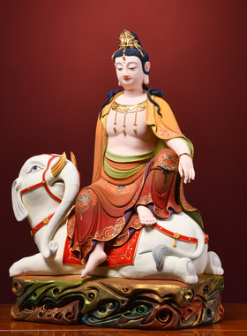 戴玉堂陶瓷摆件《极彩文殊普贤菩萨像》德化林建平佛像客厅装饰