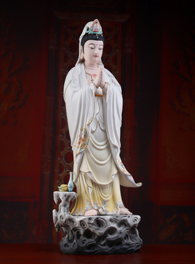 戴玉堂陶瓷《立岩合掌观音 黄韵彩》供奉佛像观世音菩萨家用摆件