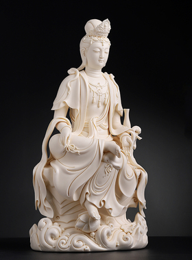 戴玉堂林建平陶瓷摆件《自在观音像 猛犸牙黄》菩萨佛像家居饰品