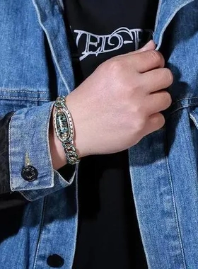 女九眼天珠手链六字真言转运个性银手链男士绿松石翔栩高档潮人