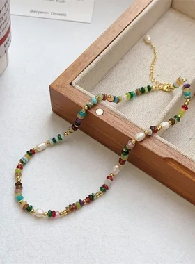 轻奢锁骨链毛衣款多巴胺项链琉璃女小众高级串珠天然石彩色百搭