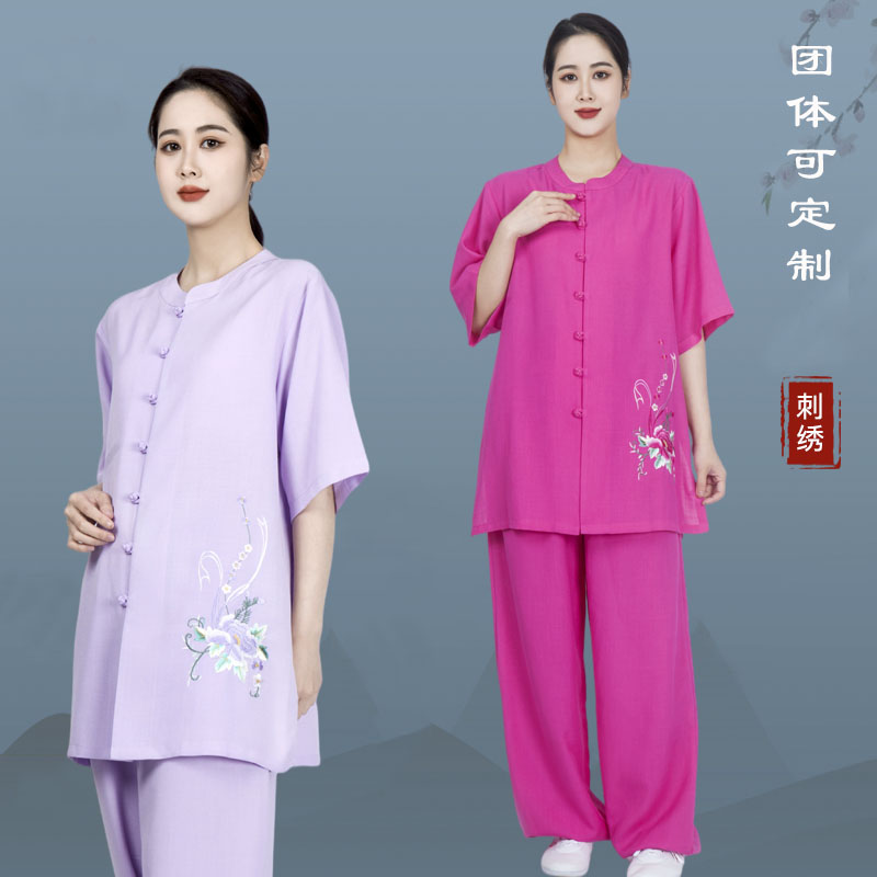 新款棉麻太极拳练功服短袖女式服装薄款太极服棉绸夏季亚麻中国风 - 图0