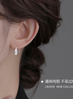 正品999纯银拉丝水滴耳环耳钉耳钩耳坠睡觉免摘防过敏新款耳饰