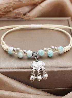 景德镇陶瓷冰裂手链手工编绳可调节民族风铃铛如意瓷珠手绳女