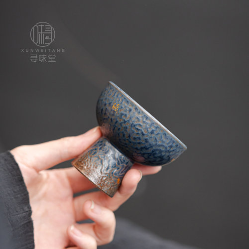 孔雀蓝老岩泥粗陶品茗杯｜复古窑变描金茶杯茶盏中式陶瓷功夫茶具 - 图1