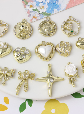 甜美小众复古爱心蝴蝶结花朵合金吊坠DIY项链耳饰品手作材料挂件