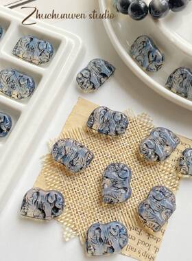 复古黑色系捷克琉璃描黑大象直孔串珠DIY手链手机链饰品材料配件