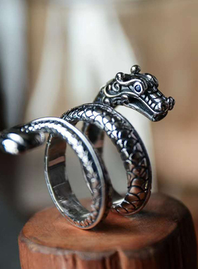 SAMTAO戒指S925纯银民族风复古盘龙环小众男女潮人个性镶嵌锆石