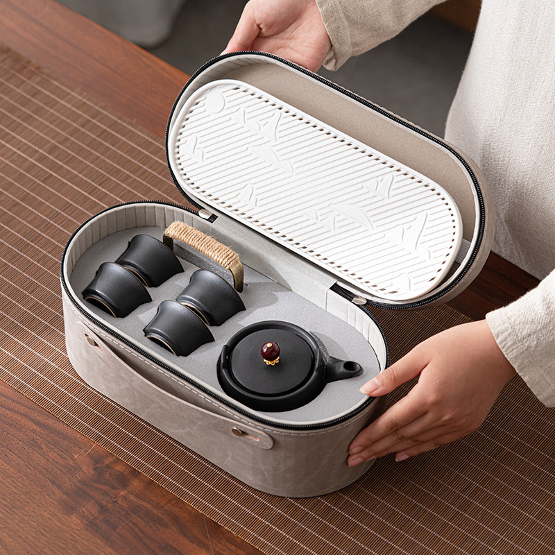 Xiangxing Black Pottery Travel Tea Set Portable Outdoor Camping Ceramic Teapot One Pot Four Cups Drinking Tea Tray
