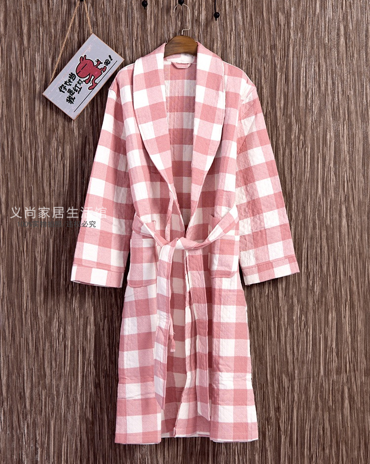 外贸日式全棉纱布方格毛巾长浴袍浴衣纯棉冬成人男女情侣酒店温泉